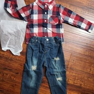 Plaid Shirt and Denim Jeans Set for Kids